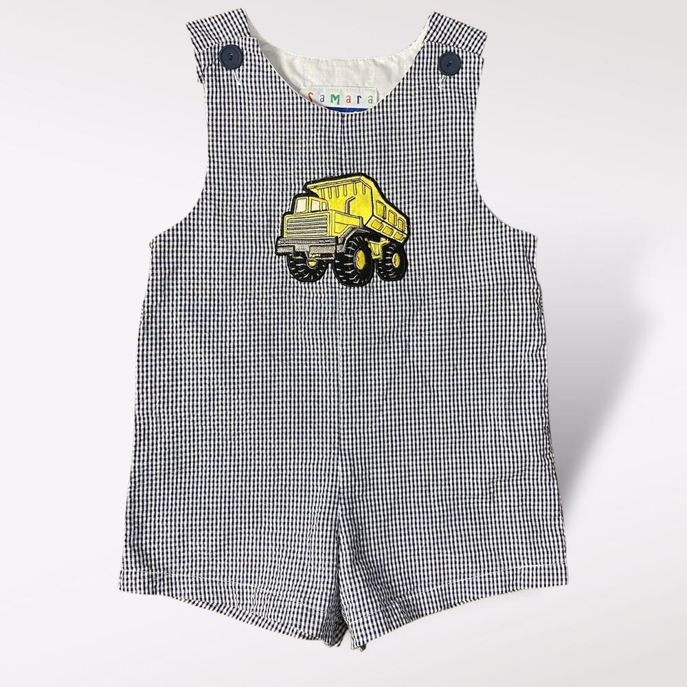 Vintage Samara Romper 3T Black White Seersucker‎ Romper Dump Truck Appliqué